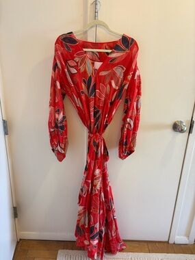 Red Floral Long Sleeve Wrap Maxi Dress